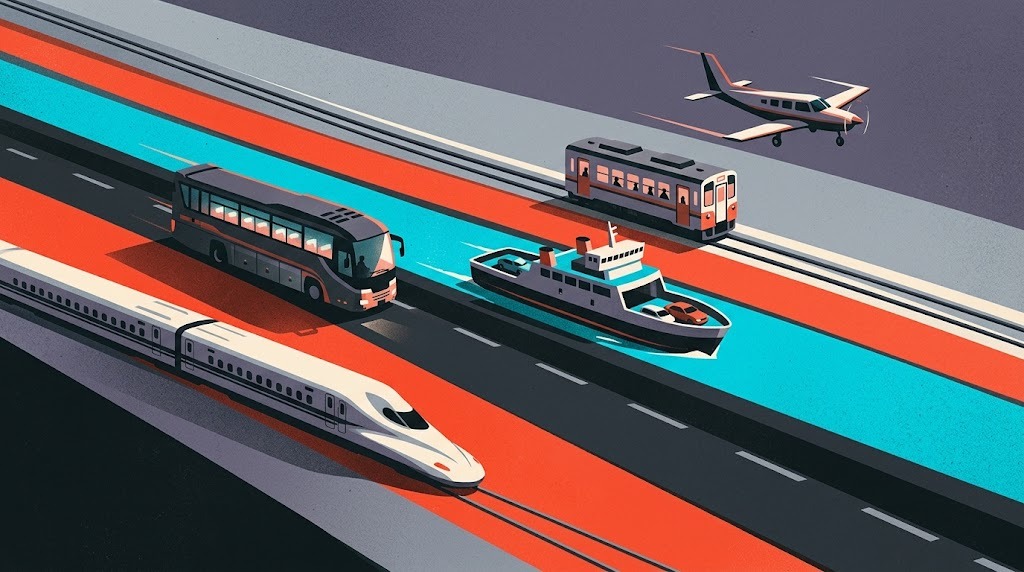 Screenprint-style illustration: a night bus, a car ferry, a local train and a small plane move along bold diagonal colour bands while a white shinkansen sits at the edge.