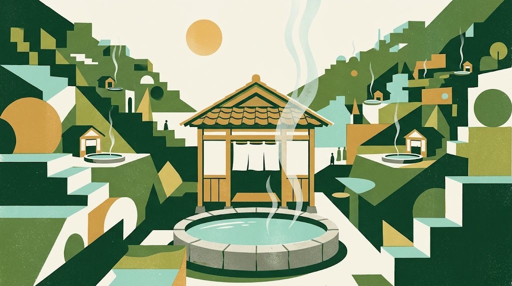 Screenprint-style illustration of a small wooden Japanese bathhouse with a noren curtain behind a round stone pool of turquoise hot-spring water, thin white steam rising from the water, with a stepped green hillside of tiny bathhouses behind