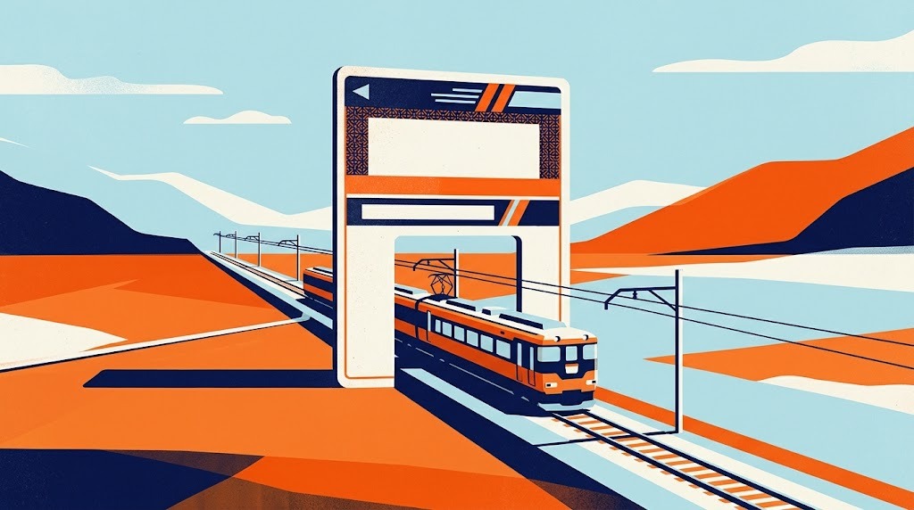 Screenprint-style illustration: a giant blank rail pass card stands like a gate over a railway line as a regional limited-express train passes through it into the countryside.