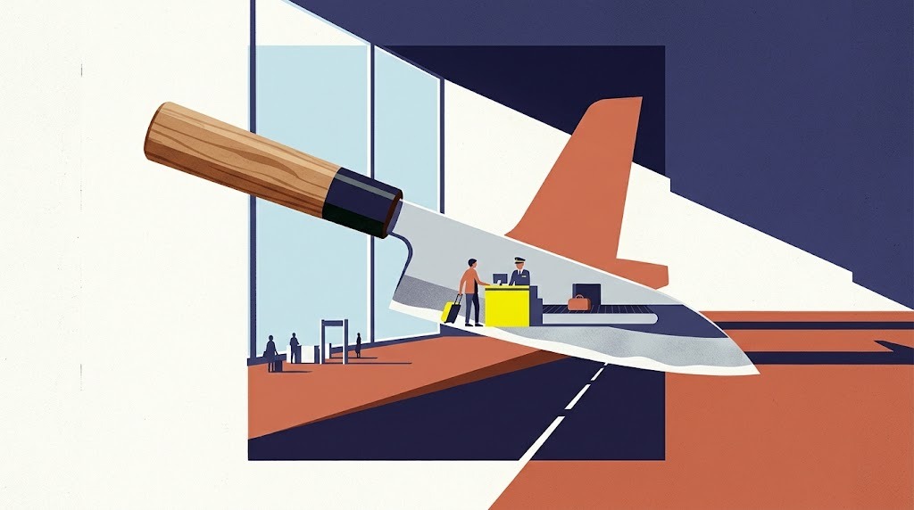 Screenprint-style illustration: a large Japanese kitchen knife with a wooden handle floats across an airport window; inside its blade a traveller stops at a customs counter before bag drop.