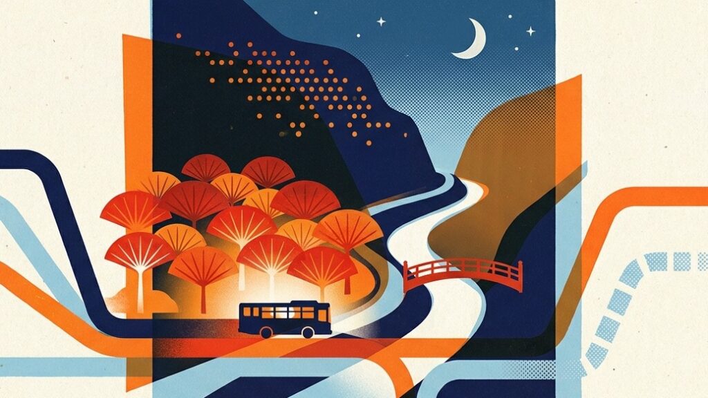 Screenprint-style illustration of a local bus driving toward a gorge of red maple trees at dusk, with bus route lines converging from the sides and one dotted route ending in mid-air