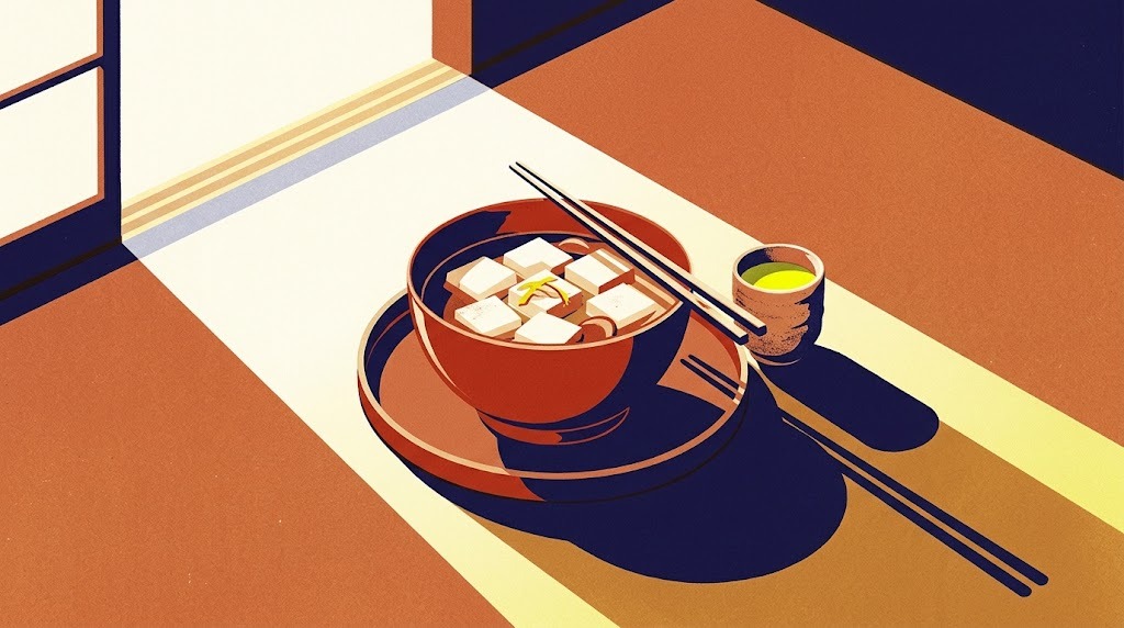 Screenprint-style illustration: a red lacquered bowl of ozoni with small cut pieces of mochi, chopsticks and a cup of green tea in a band of winter morning light.