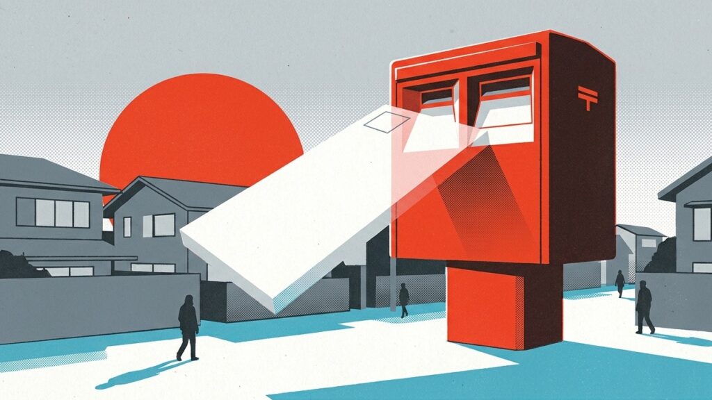 A giant white New Year postcard slides into an oversized red Japanese postbox on a quiet residential street at sunrise