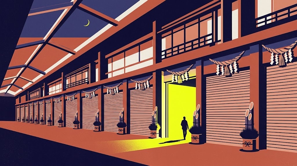 Screenprint-style illustration: a covered shopping arcade at winter dusk with a row of closed shutters and New Year decorations, and one doorway still glowing open.
