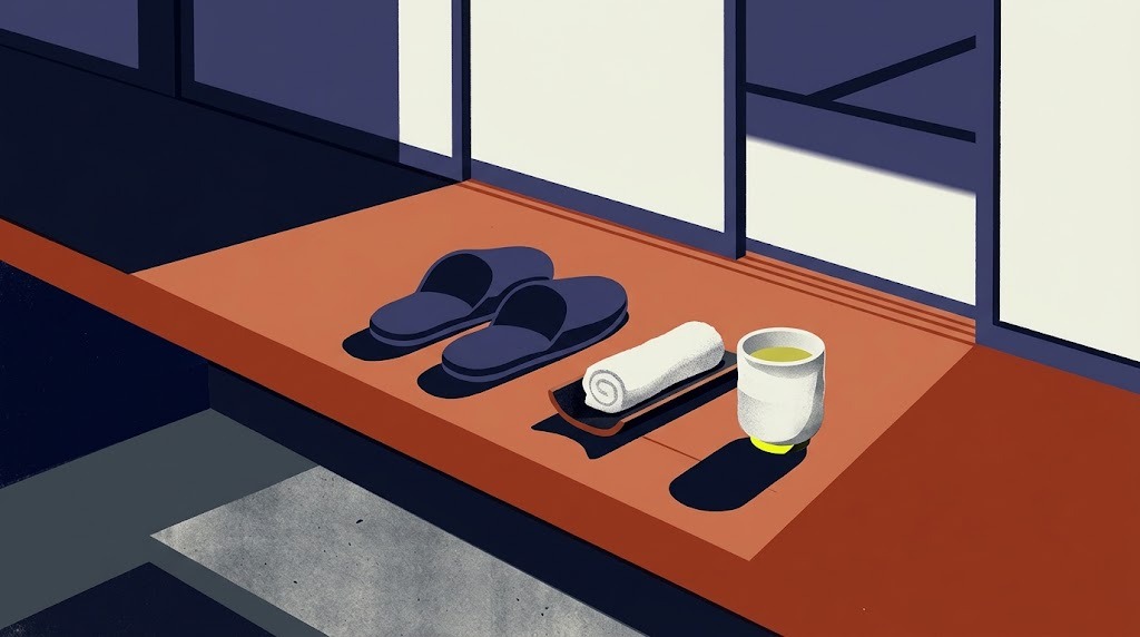 Screenprint-style illustration: a pair of slippers, a rolled oshibori towel on a tray and a cup of green tea set out on the wooden step of a Japanese inn entrance.