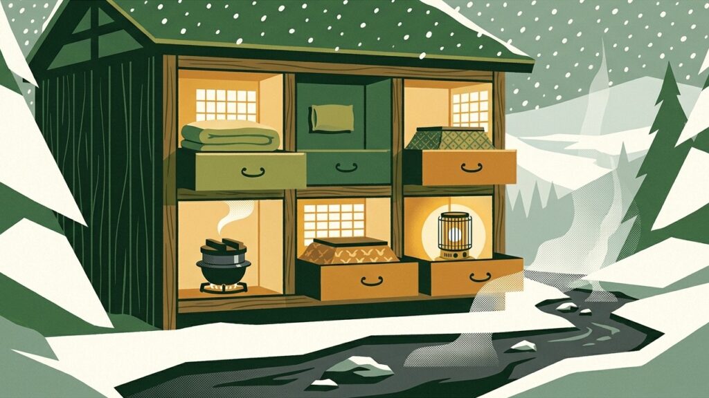 Cutaway of a wooden mountain inn in snow, each small room holding one rented item: futon, pillow, kotatsu, stove, and a rice pot on a gas ring