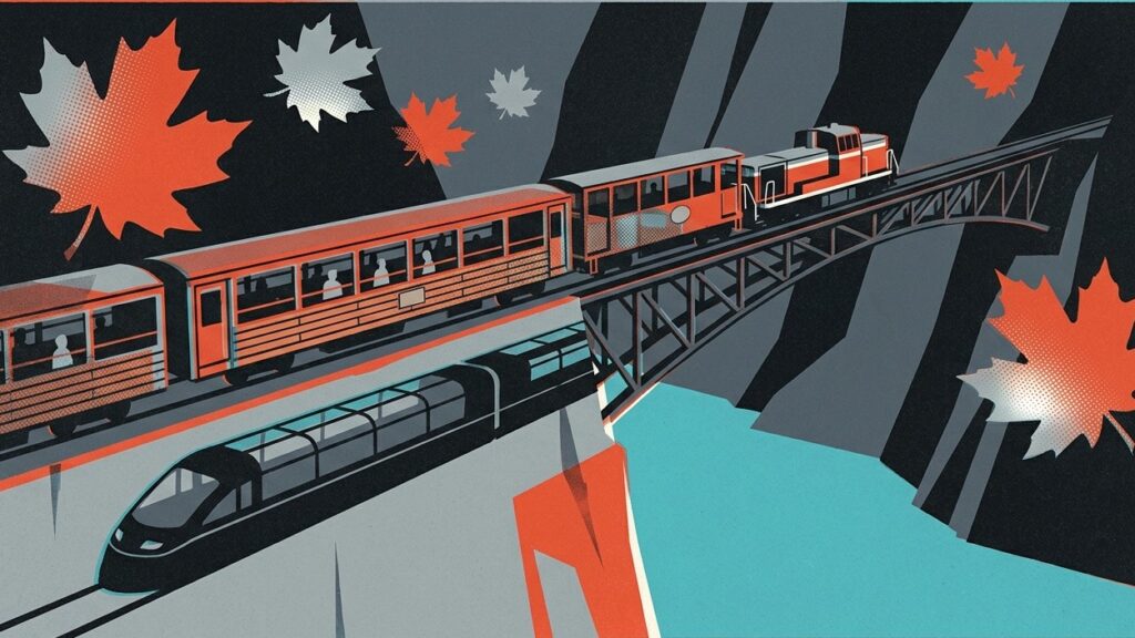 Screenprint of a retro trolley train pulled by a small diesel locomotive crossing a steel bridge over a gorge with maple leaves, while a sleek glass-roofed train waits below