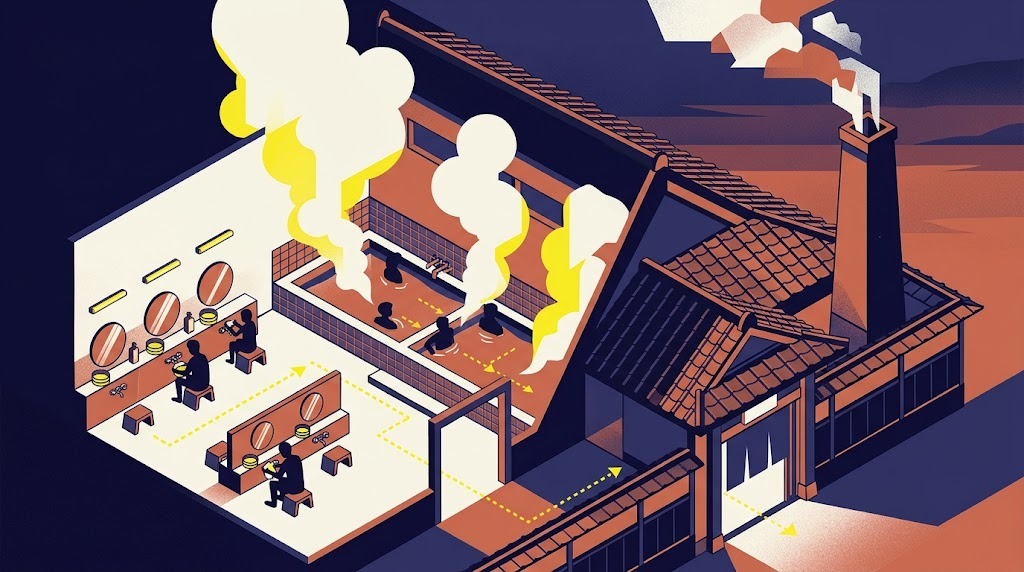 Screenprint-style isometric cutaway of a Japanese neighbourhood bathhouse: washing stations with stools and mirrors, a tiled hot bath, and a dotted line showing wash first, then soak.