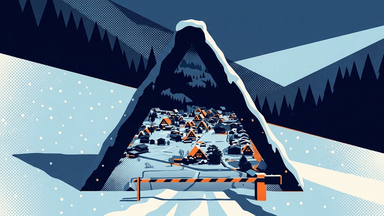 Screenprint of a snowy gassho-zukuri roof silhouette framing a glowing village at dusk, with a striped road barrier lowered across the snowy road below