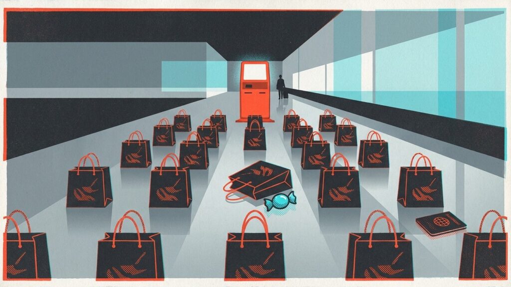 A hall of identical paper shopping bags leading to a glowing orange self-service kiosk, with one bag tipped over beside a half-eaten sweet