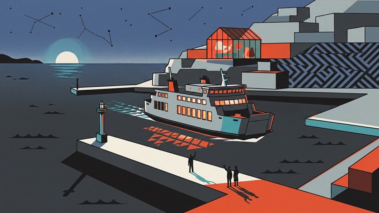 Screenprint-style illustration of a passenger ferry leaving a harbour at dusk below a hillside house of red and tinted glass