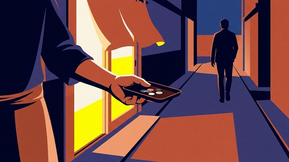 Screenprint-style illustration: a waiter holds out a small tray of coins toward a traveller walking away down a narrow Japanese restaurant street at evening.