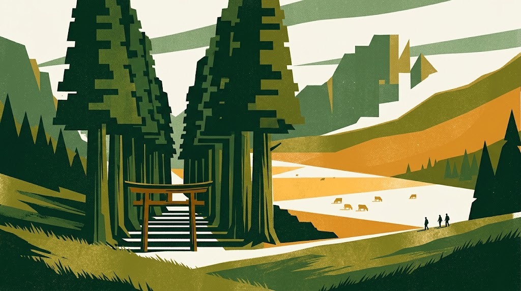 Screenprint-style illustration: an avenue of giant geometric cedar trees and a wooden shrine gate opening onto a sunlit mountain pasture with grazing cows.