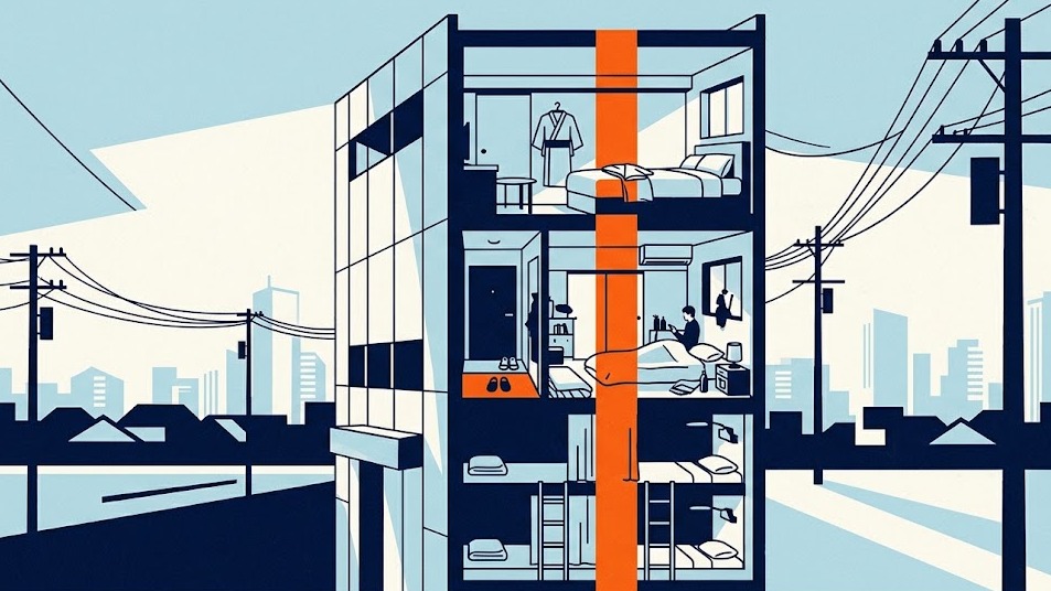 Screenprint-style cross-section of a slim Tokyo building showing a hotel room, a rental apartment and capsule bunks, joined by one orange band.