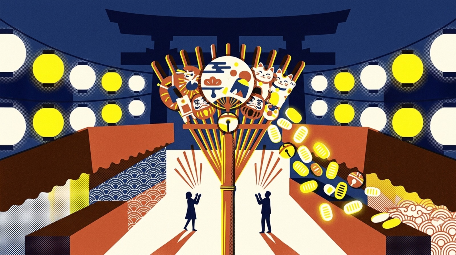 Screenprint-style illustration of a giant decorated bamboo kumade rake raking in gold coins as two silhouettes clap at a lantern-lit shrine market